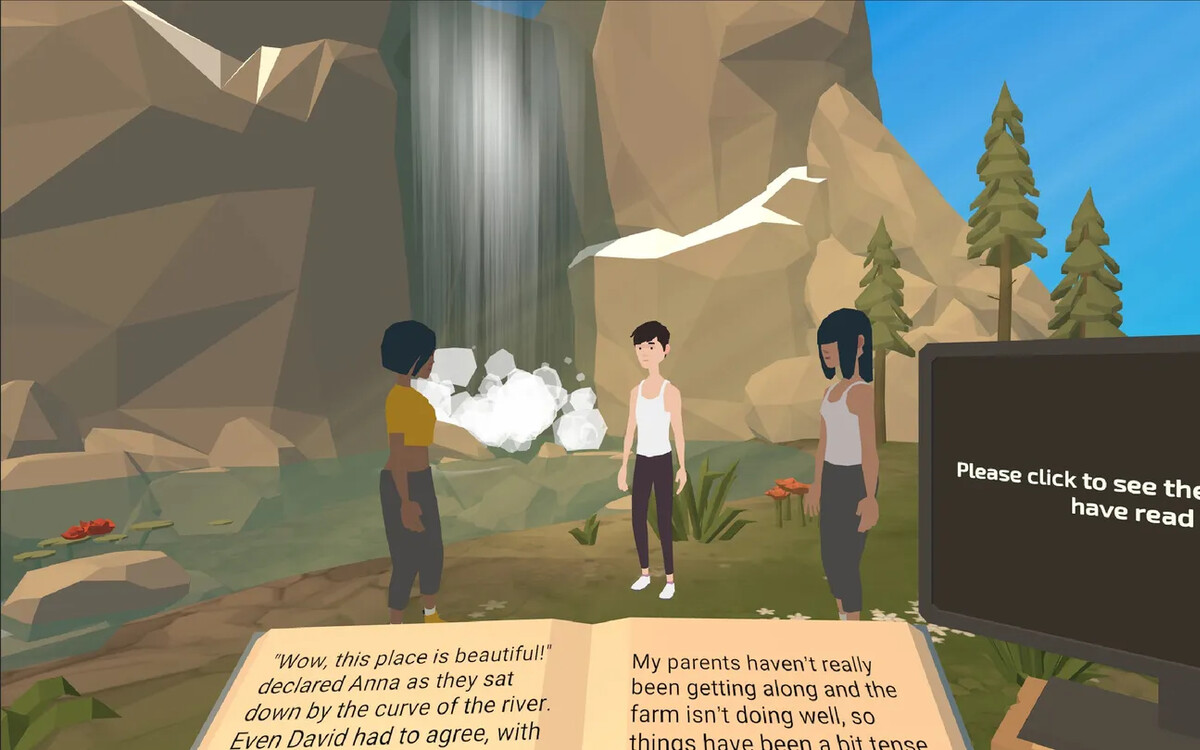 Talkback VR reading environment with story text displayed in a landscape scene